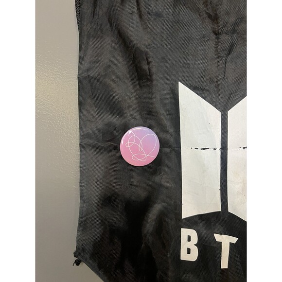 BTS Drawstring Backpack Bag Black K-Pop Logo with Love Yourself Button Pins Set - Picture 3 of 6